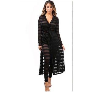 Two piece Black Mesh Striped Cardigan Set w/Belt